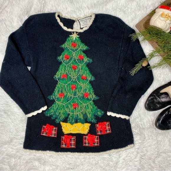 Vintage Marisa Christina black ugly Christmas sweater knit Christmas tree - Picture 1 of 9